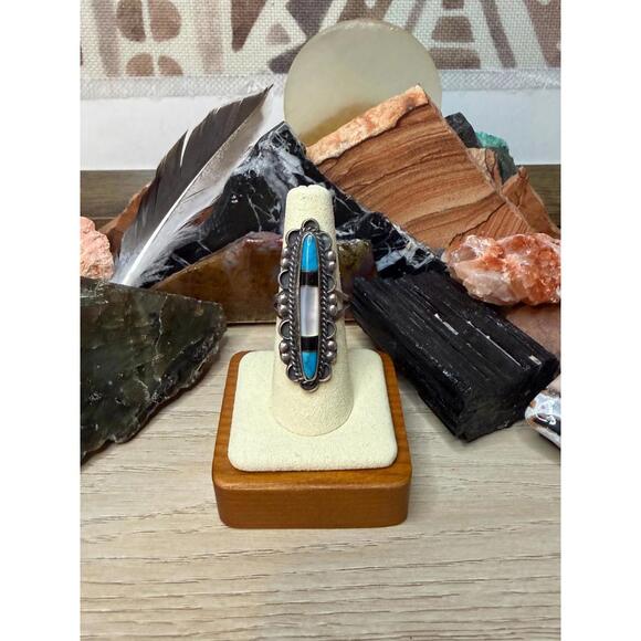 Jewelry - Vintage Inlay Turquoise Onyx Navajo Zuni Sterling Silver Statement Size 7 Ring